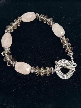 Rose Quartz and Smoky Quartz Gemstones w/Bali Silver Bracelet with Toggle Clasp